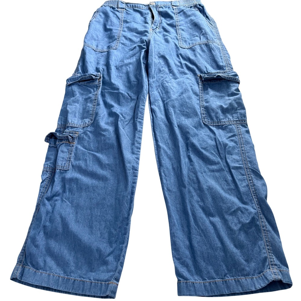 Almost Famous Womens Blue Denim Wide Leg Cargo Pants Sz M Elastic Waist Utility